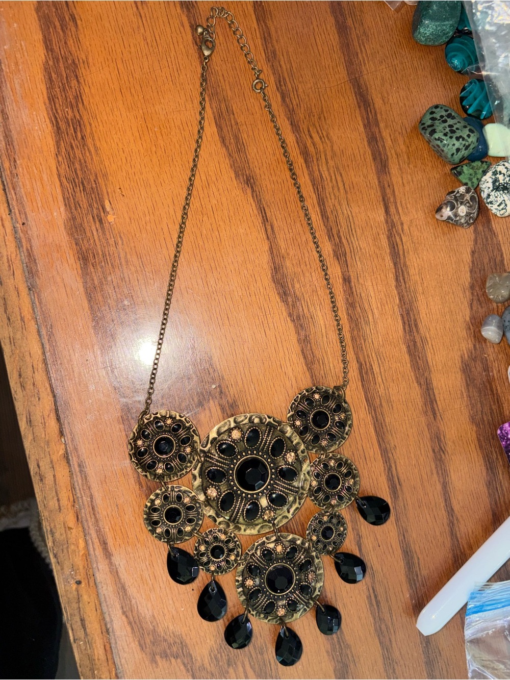 Antique Gold and Black Medallion Statement Necklace 12 1/2 Inch